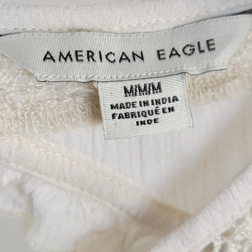 American Eagle Boho Cottagecore Lace Peplum Blouse M Cream Open Back Tie - Picture 7 of 9